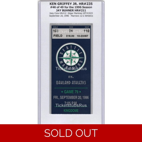 Ken Griffey Jr HR-235 Buhner HR-211 Mariners Athletics 9/20/1996 Ticket Stub